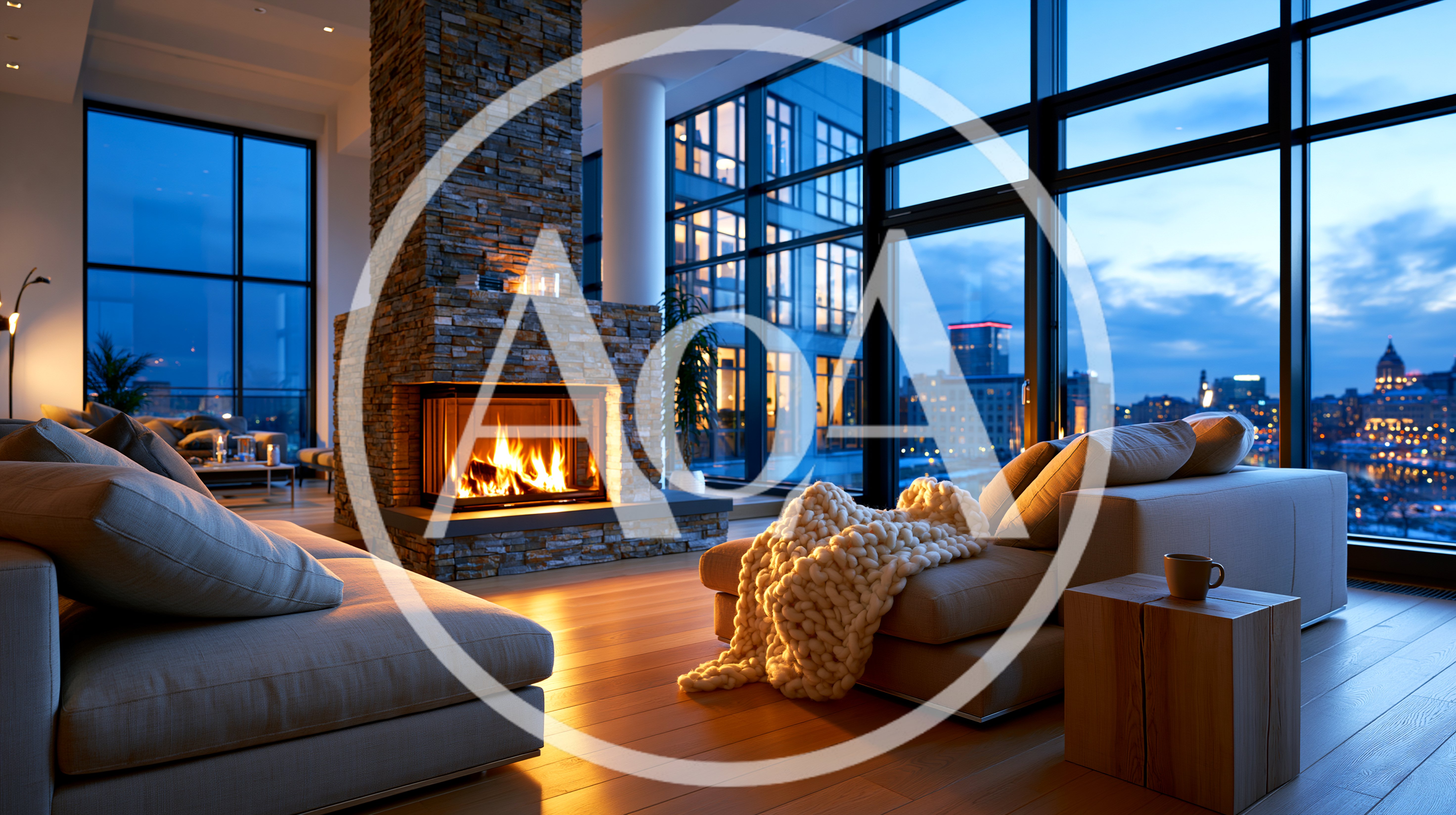 Modern Living Room With Fireplace And City View