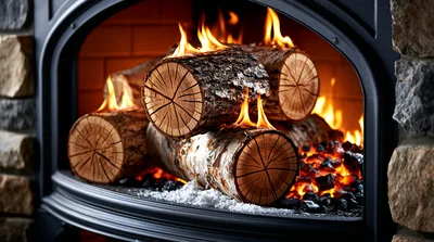 Burning Logs Inside A Modern Stone Fireplace