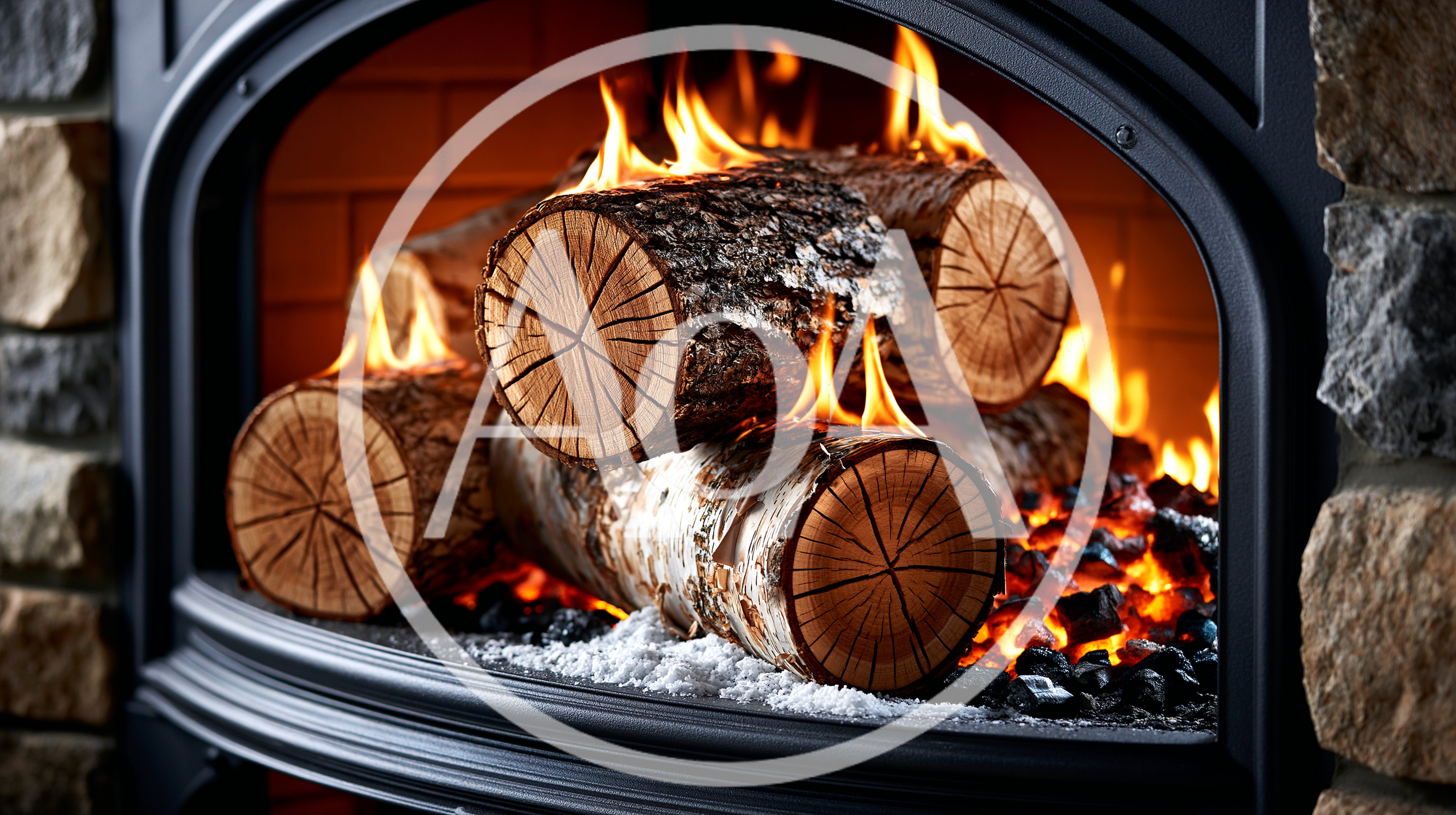 Burning Logs Inside A Modern Stone Fireplace