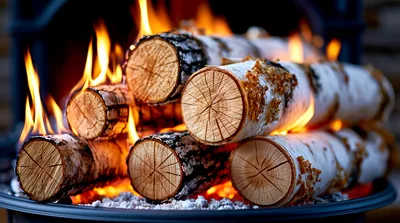 Birch Logs Burning In A Cozy Fireplace