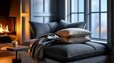 Cozy Window Seat With Fireplace And Pillows