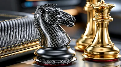 Carbon Fiber Knight And Golden Queen Chess Pieces