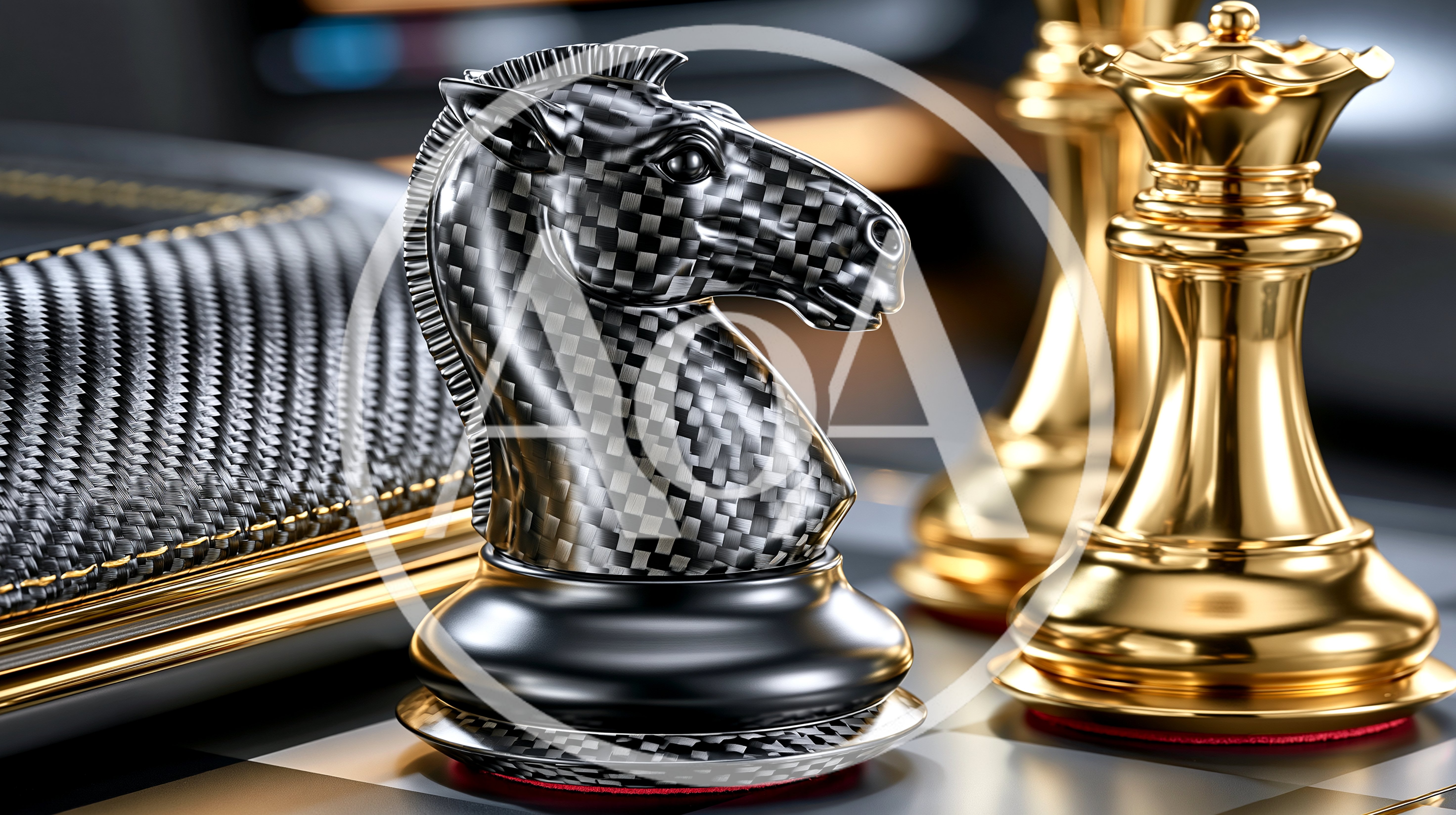 Carbon Fiber Knight And Golden Queen Chess Pieces