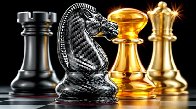 Carbon Fiber Knight And Golden Chess Pieces