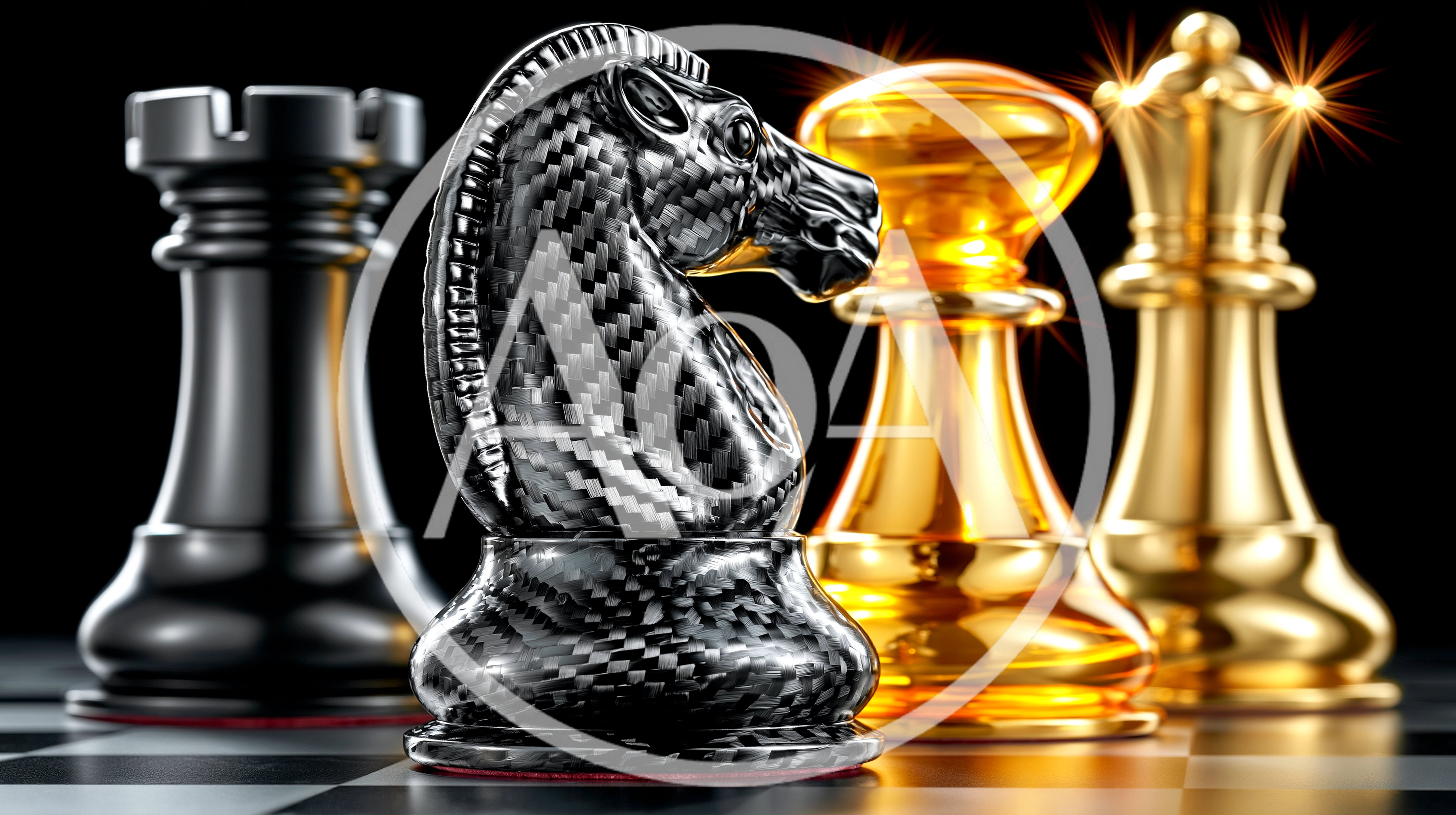 Carbon Fiber Knight And Golden Chess Pieces