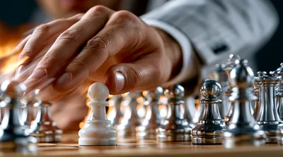 Businessman Moving A White Pawn On A Chessboard