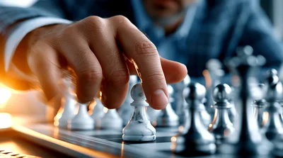 Businessman Moving A Marble Chess Pawn On A Board