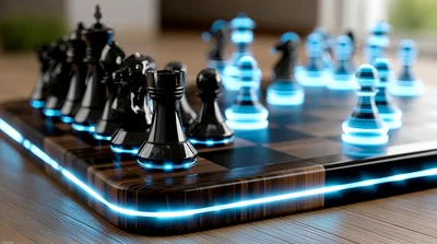 Futuristic Chessboard With Glowing Neon Blue Accents