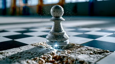 Levitating Stone Chess Pawn Above Cracked Checkerboard