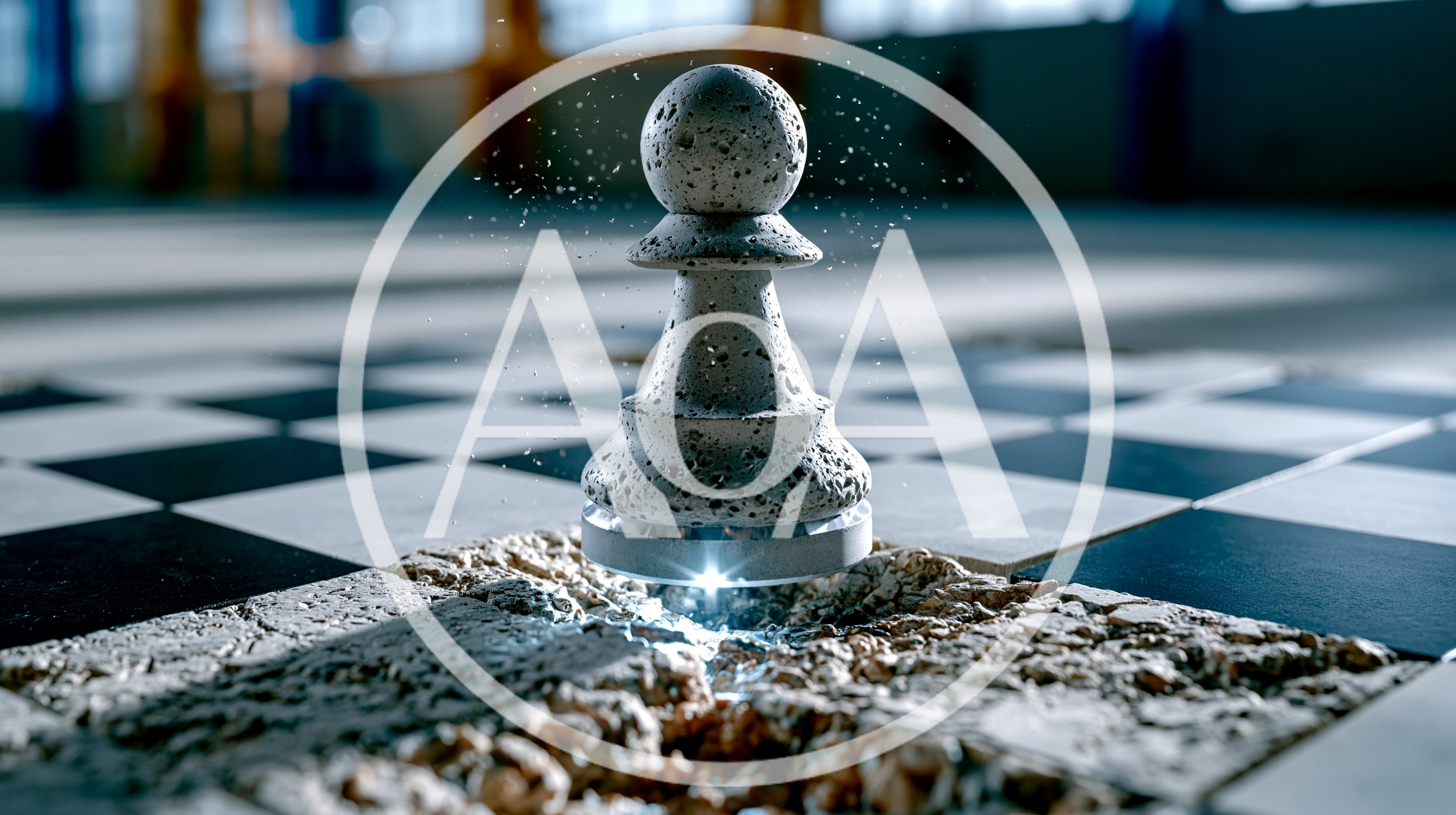 Levitating Stone Chess Pawn Above Cracked Checkerboard