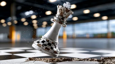 White Chess King Piece Crashing Into Checkerboard Floor