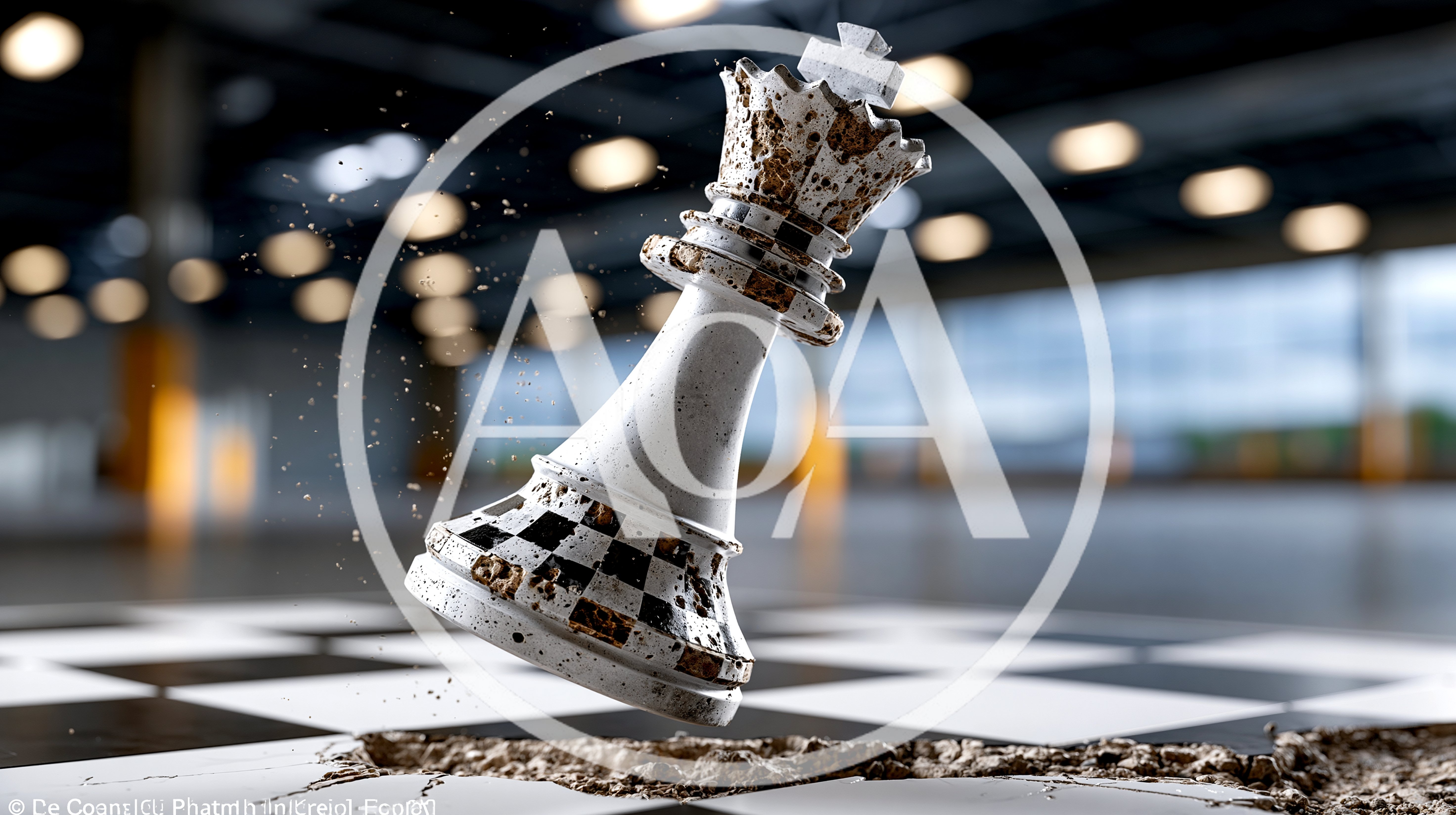 White Chess King Piece Crashing Into Checkerboard Floor