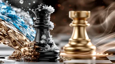 Black Queen And Gold Rook Chess Pieces In Conflict