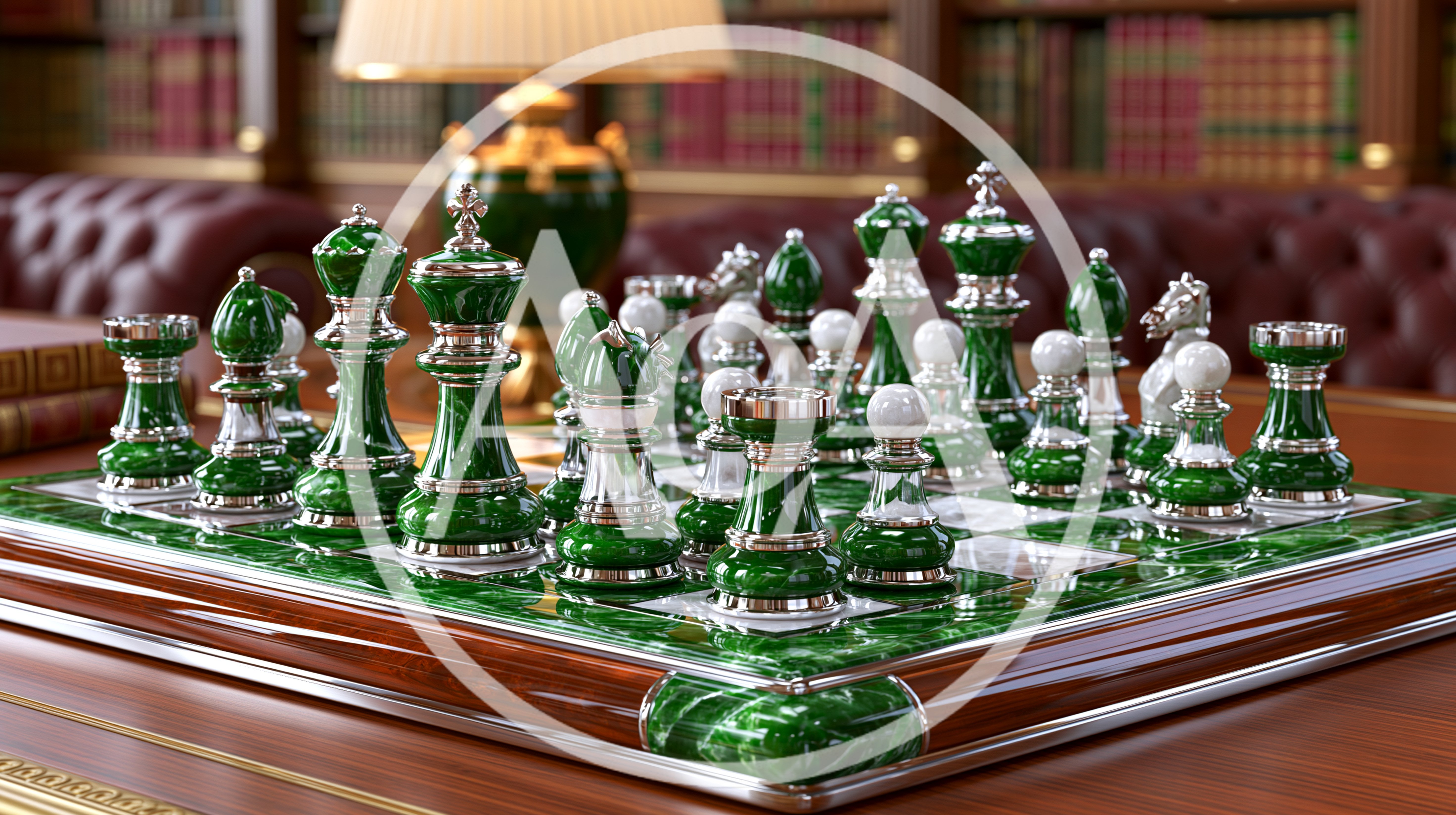 Luxury Green Marble Chess Set In Elegant Library