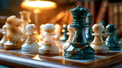 Close Up Of Marble Chess Pieces On Board