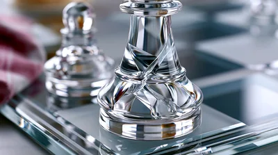 Crystal Chess Pieces on a Reflective Glass Board