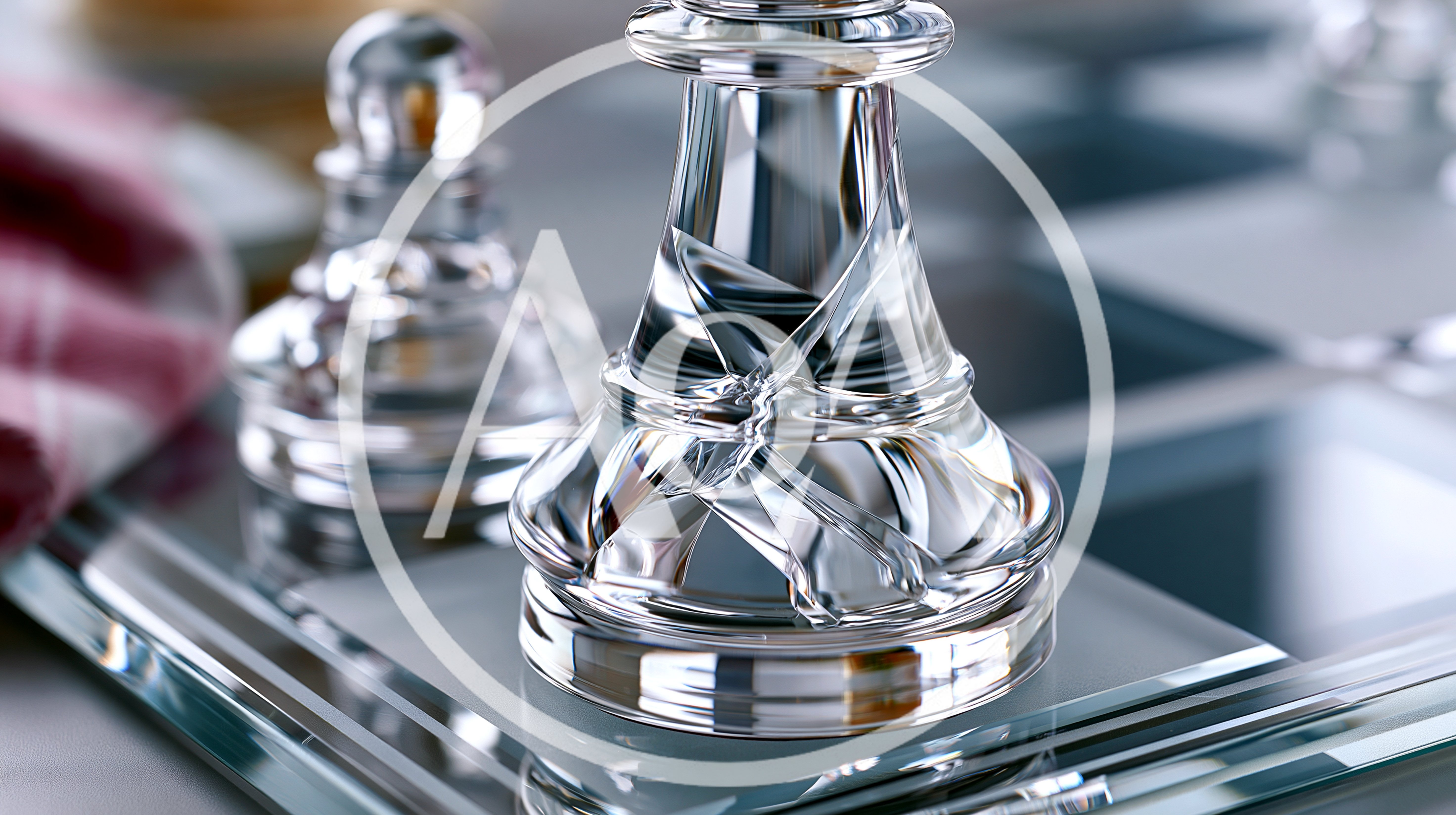 Crystal Chess Pieces on a Reflective Glass Board