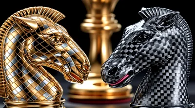 Gold and Carbon Fiber Chess Knight Sculptures