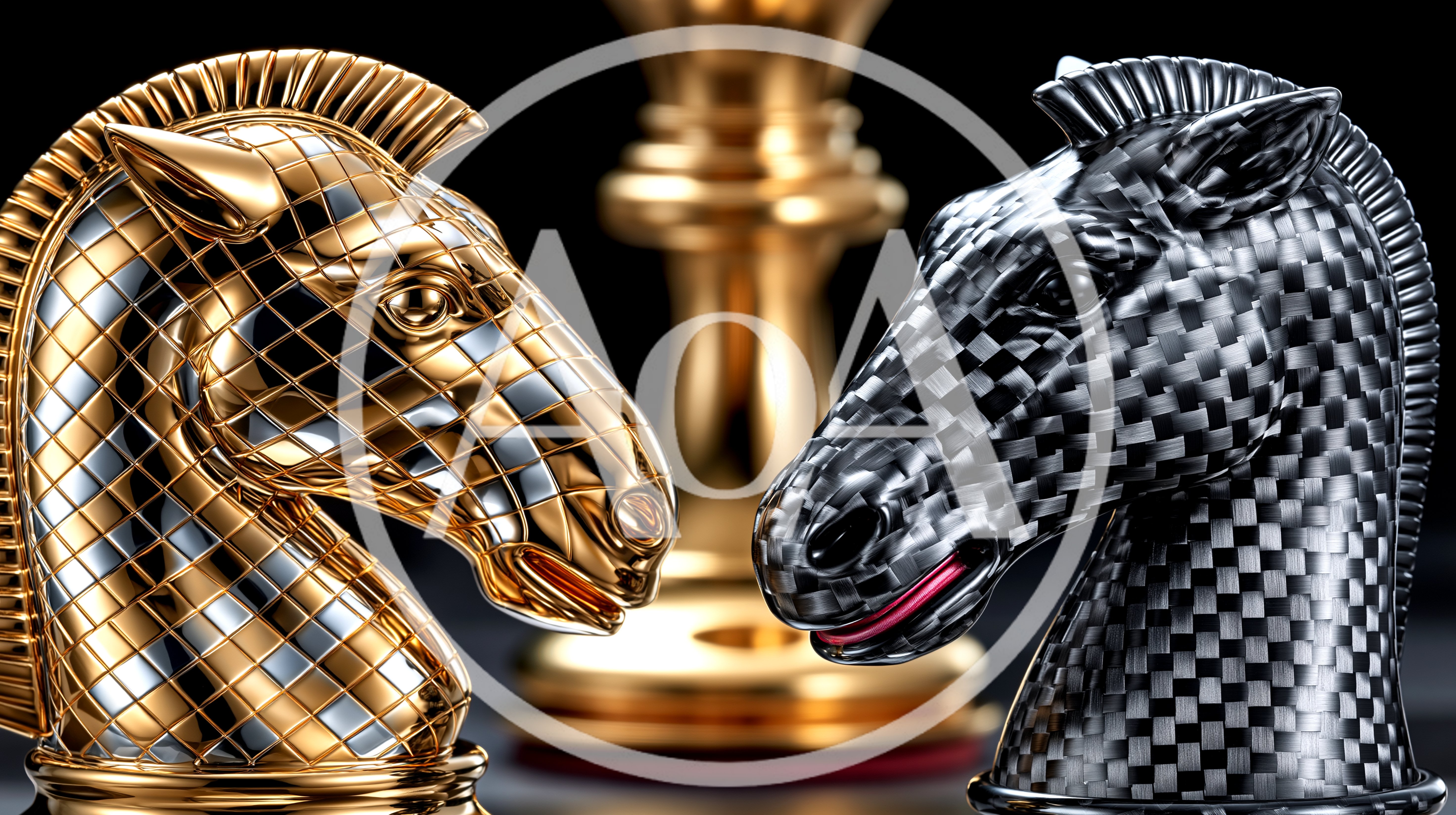 Gold and Carbon Fiber Chess Knight Sculptures