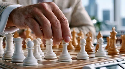 Businessman Moving A White Pawn On A Chessboard