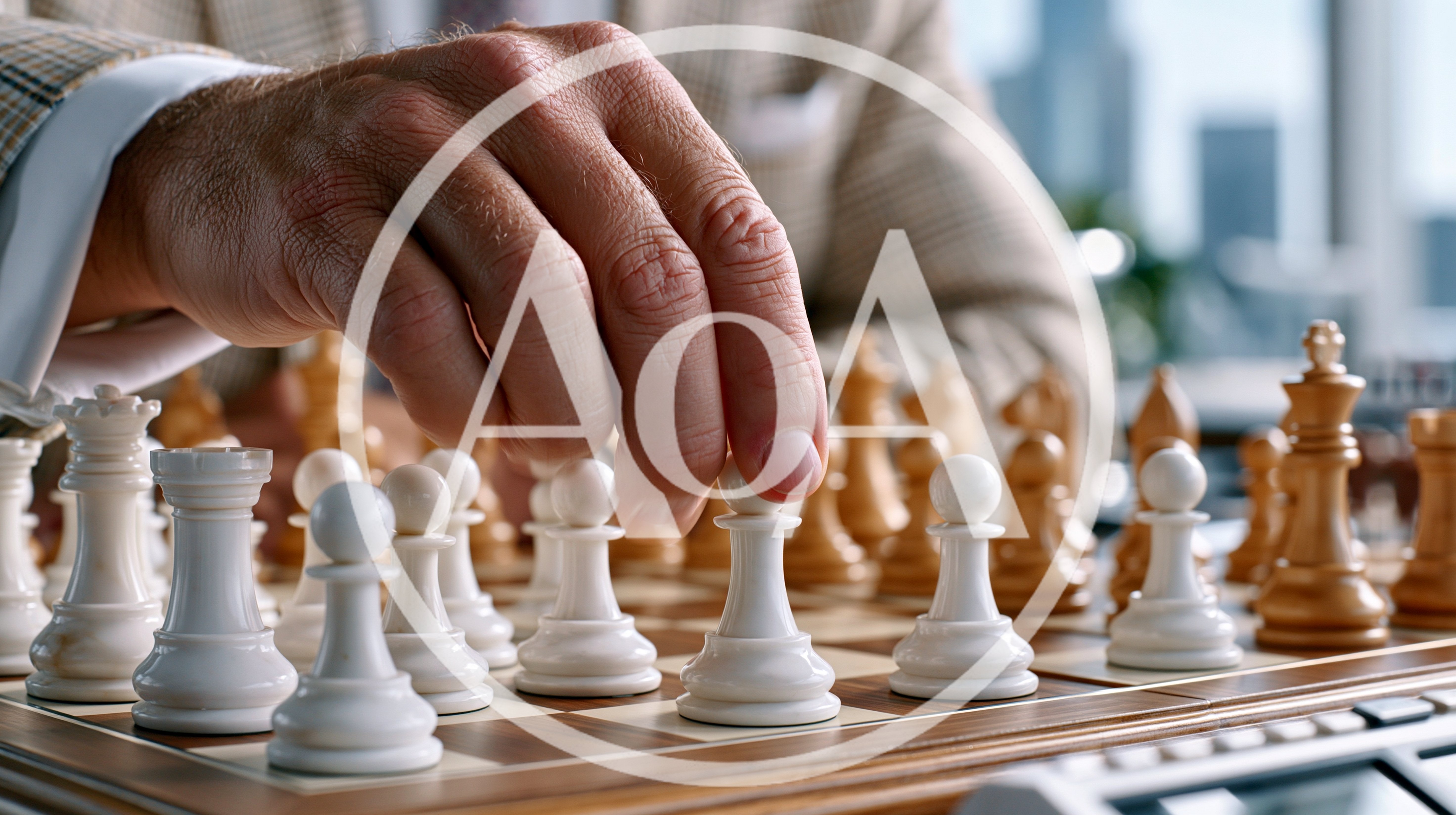 Businessman Moving A White Pawn On A Chessboard