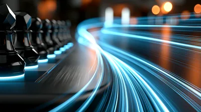 Black Chess Pawns With Abstract Blue Light Trails