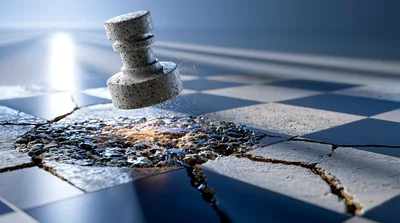 Stone Chess Piece Hovering Over Cracked Checkerboard