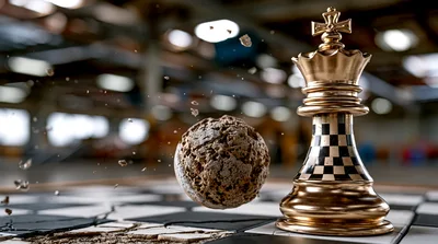 Golden Chess King Piece With Floating Crumbling Stone Sphere