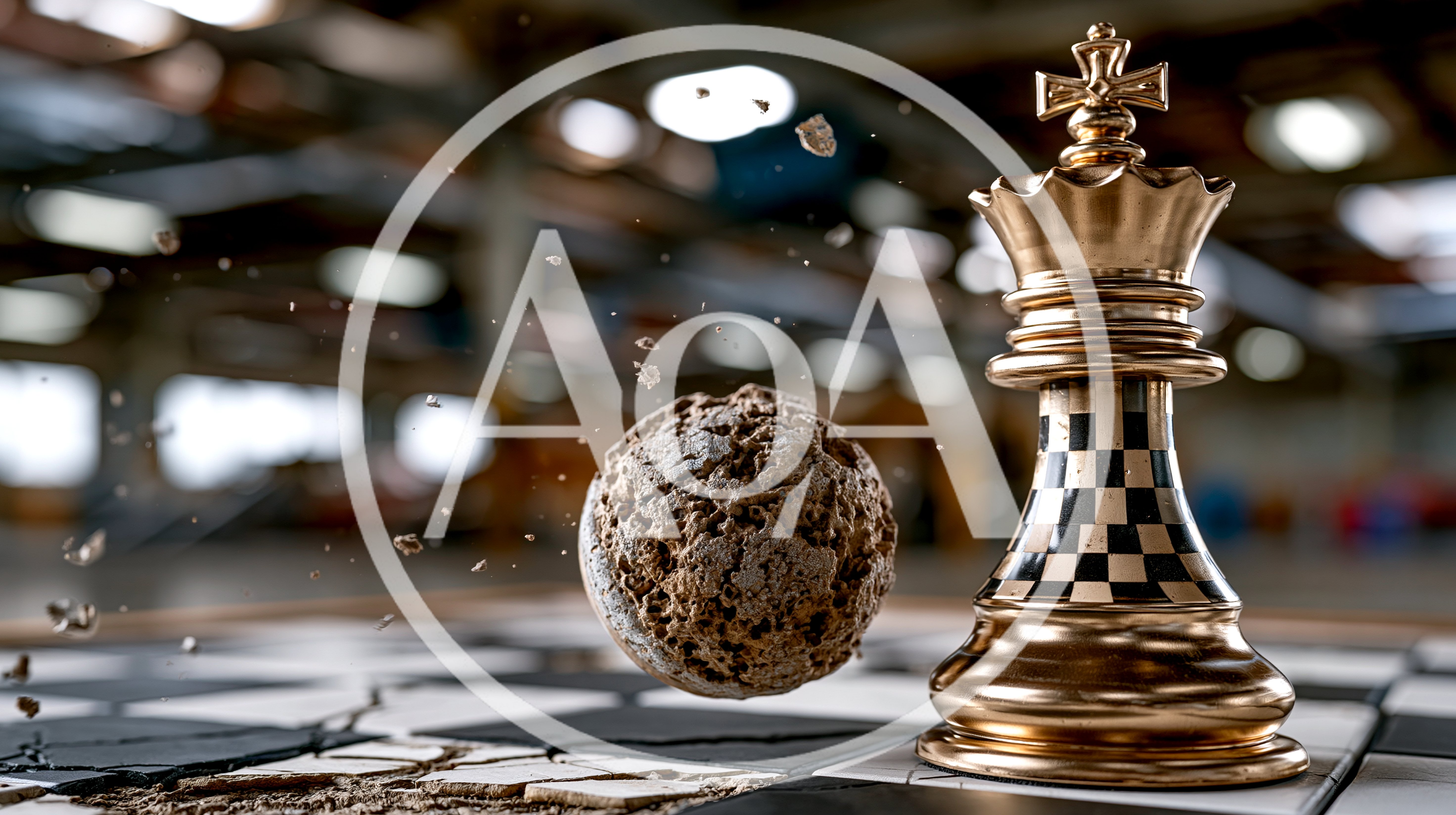 Golden Chess King Piece With Floating Crumbling Stone Sphere