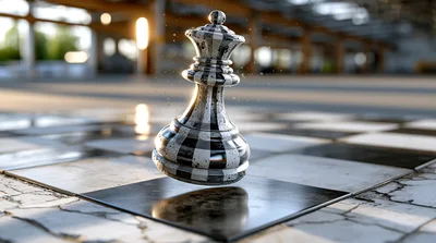Floating Checkered Chess Queen Piece On Board