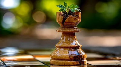 Wooden Chess Rook With A Small Plant Growing Inside