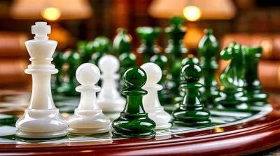 Close Up Of Green And White Marble Chess Pieces