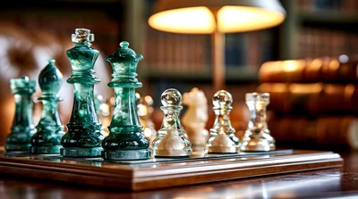 Green Marble Chess Pieces On A Wooden Board