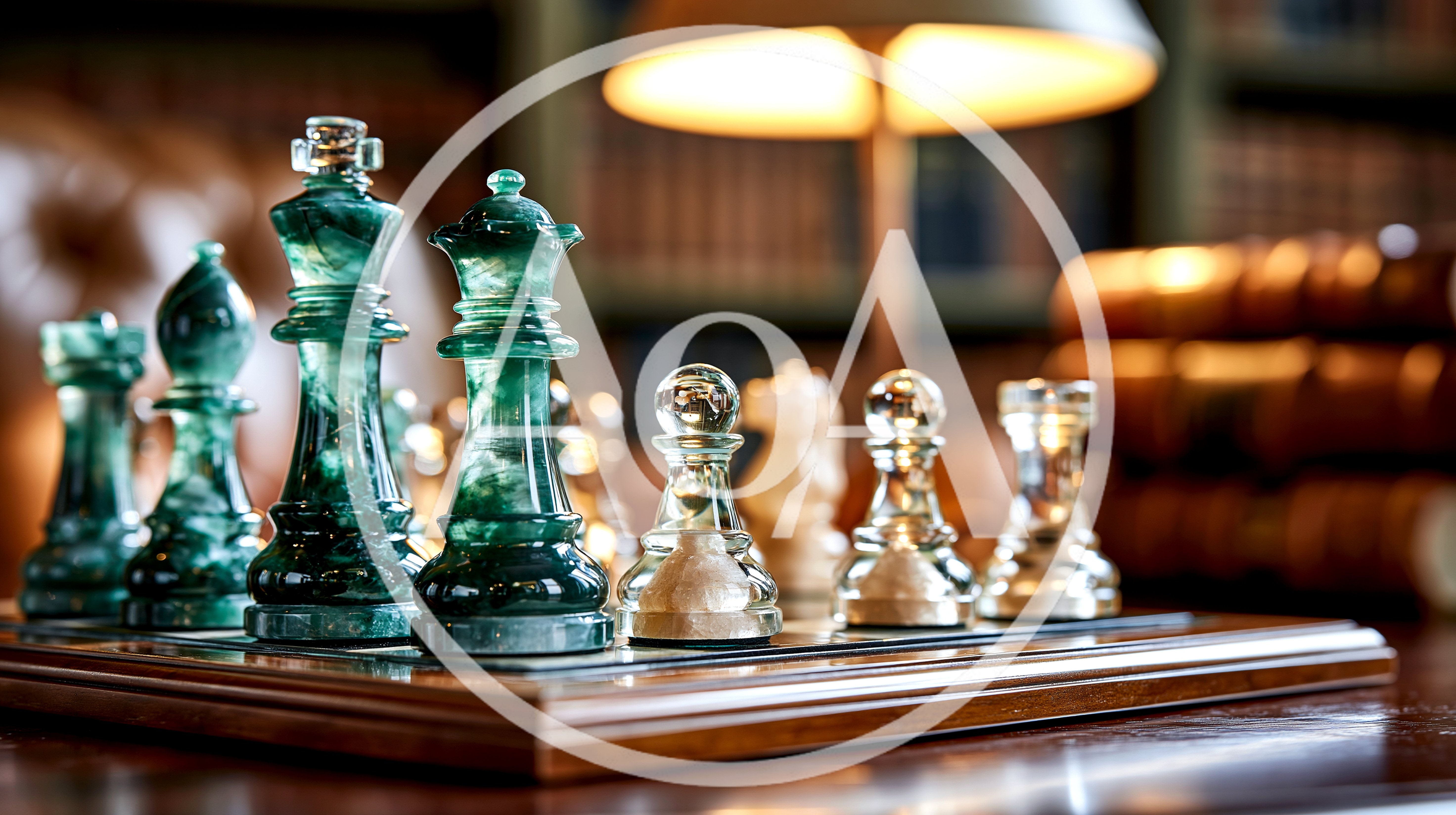 Green Marble Chess Pieces On A Wooden Board