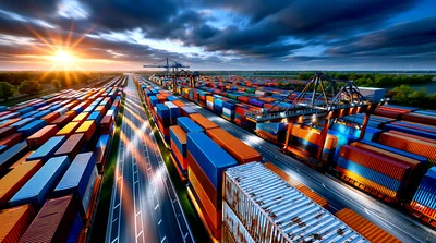 Aerial View Of Busy Shipping Container Terminal At Sunset