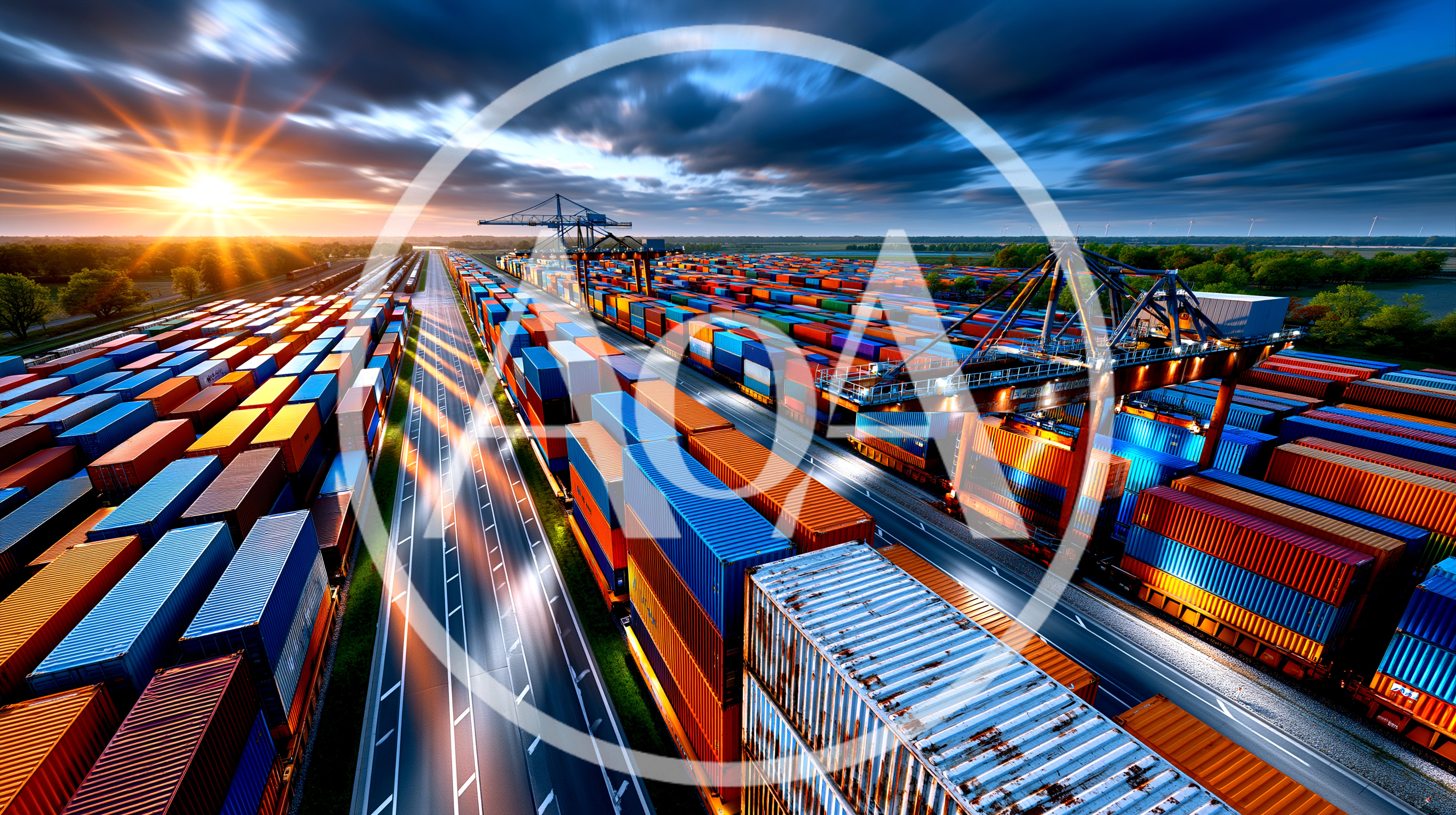 Aerial View Of Busy Shipping Container Terminal At Sunset