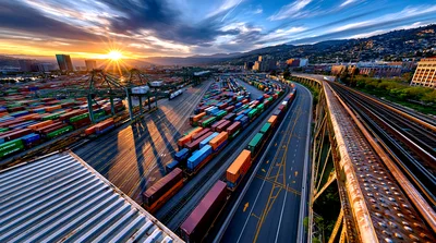 Aerial View of Busy Industrial Shipping Port at Sunset