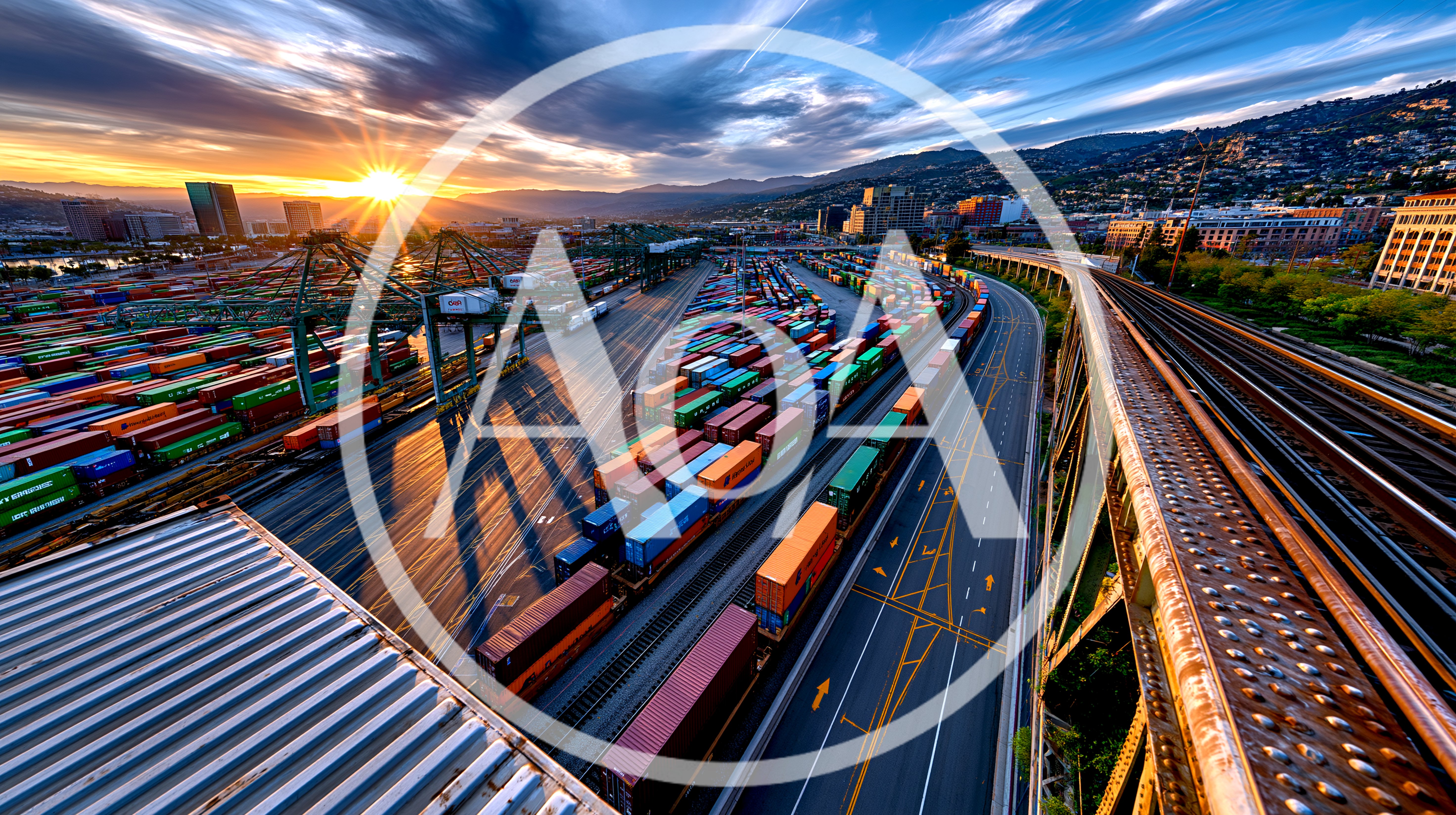 Aerial View of Busy Industrial Shipping Port at Sunset