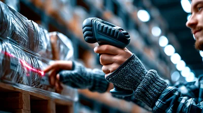 Warehouse Worker Scanning Palletized Goods With Handheld Scanner