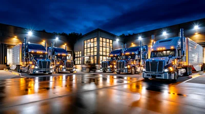 Fleet Of Semi Trucks Parked At Distribution Center