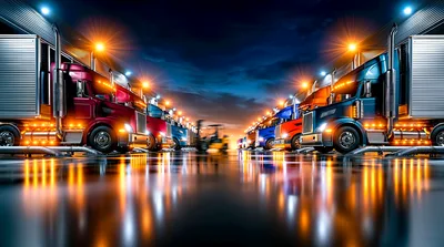 Fleet of Semi Trucks Parked at Logistics Warehouse