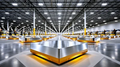 Automated Warehouse Robots Moving On Factory Floor