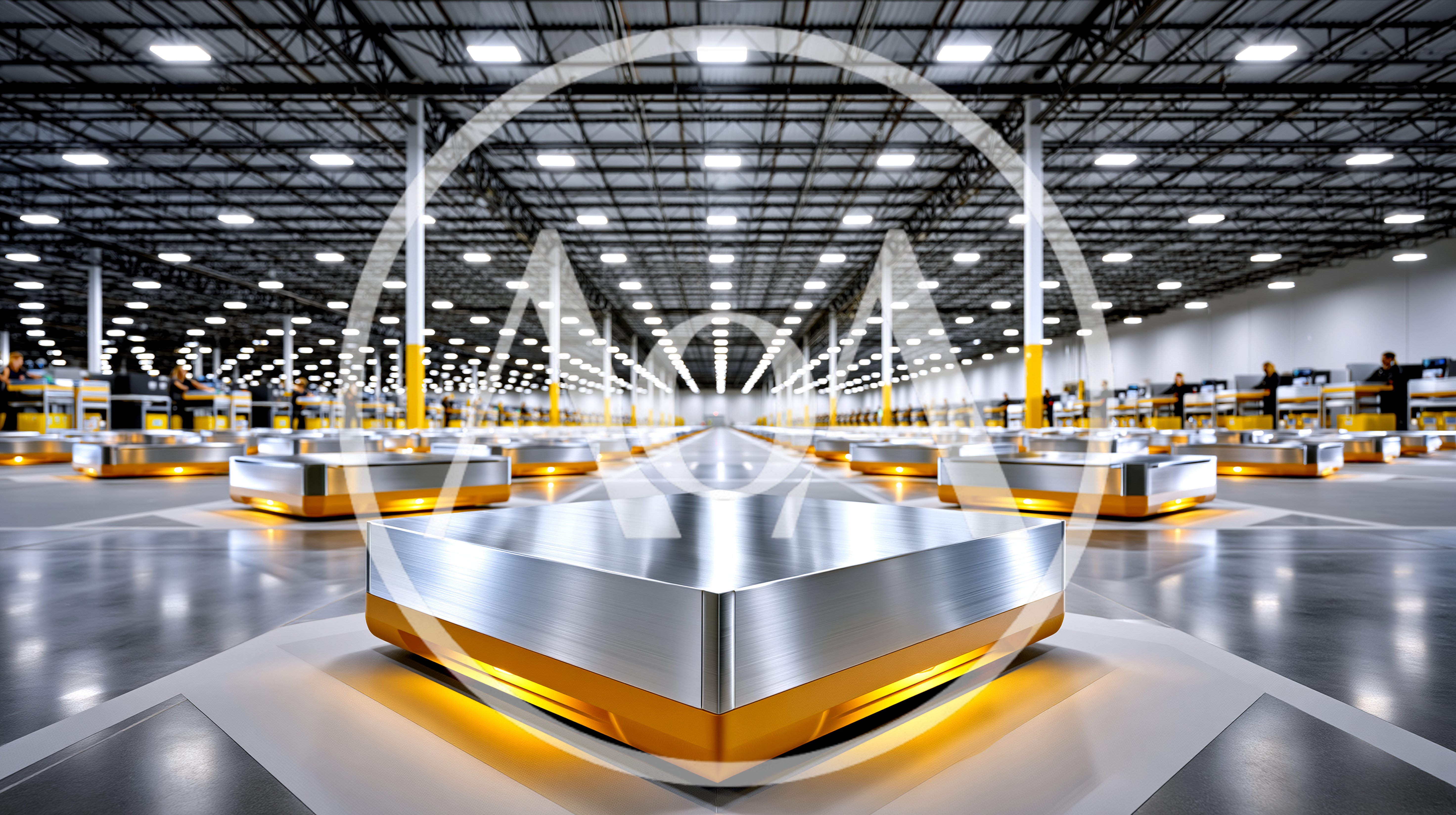 Automated Warehouse Robots Moving On Factory Floor