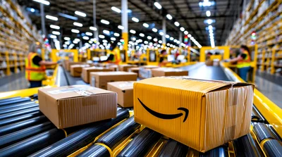 Amazon Packages Moving Along Warehouse Conveyor Belt