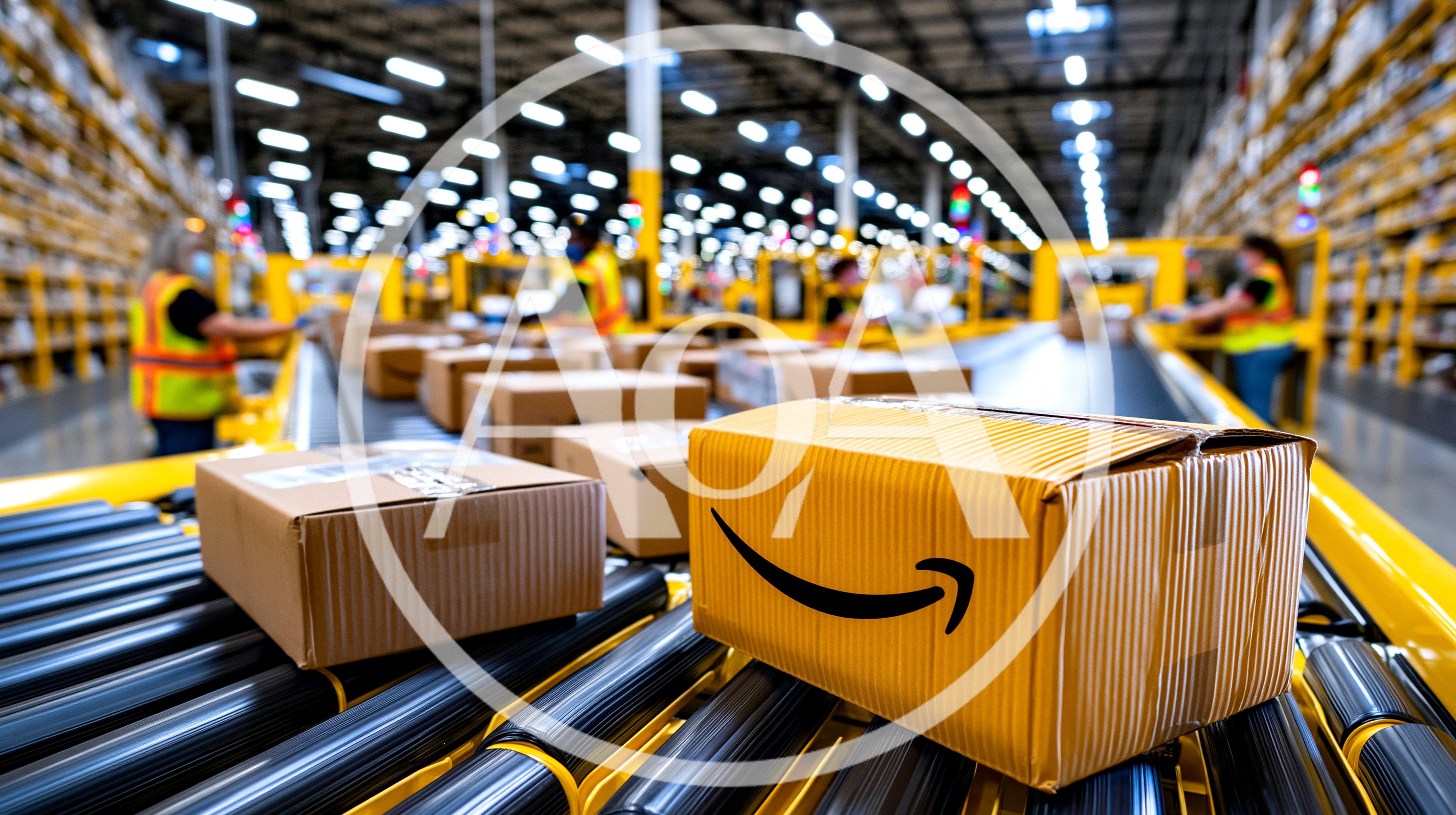 Amazon Packages Moving Along Warehouse Conveyor Belt