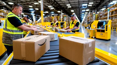 Amazon Warehouse Workers Processing Packages On Conveyor Belt