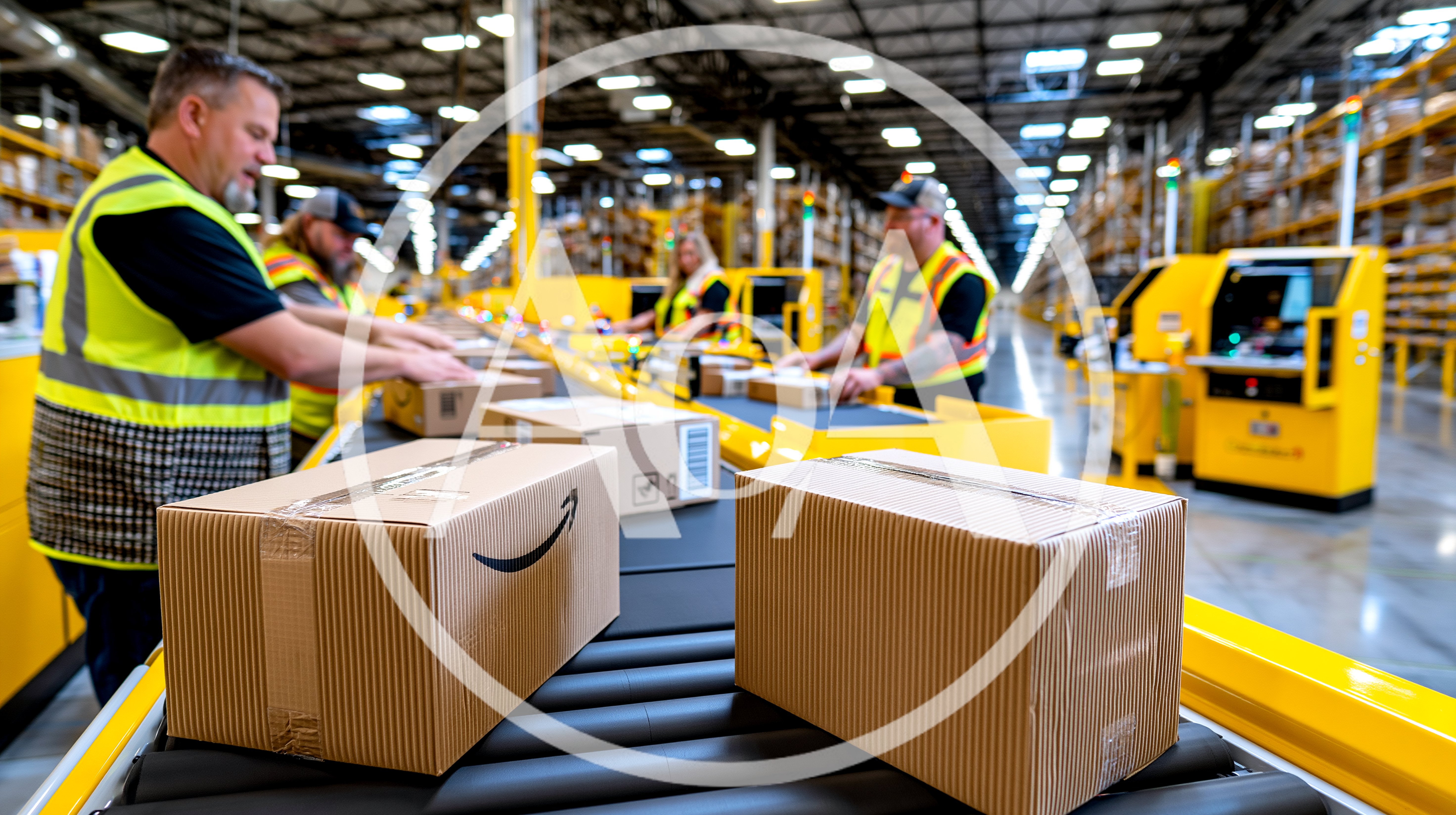 Amazon Warehouse Workers Processing Packages On Conveyor Belt