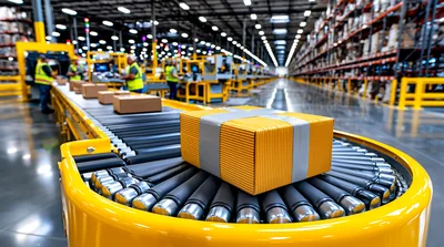 Cardboard Packages Moving Along Automated Warehouse Conveyor Belt