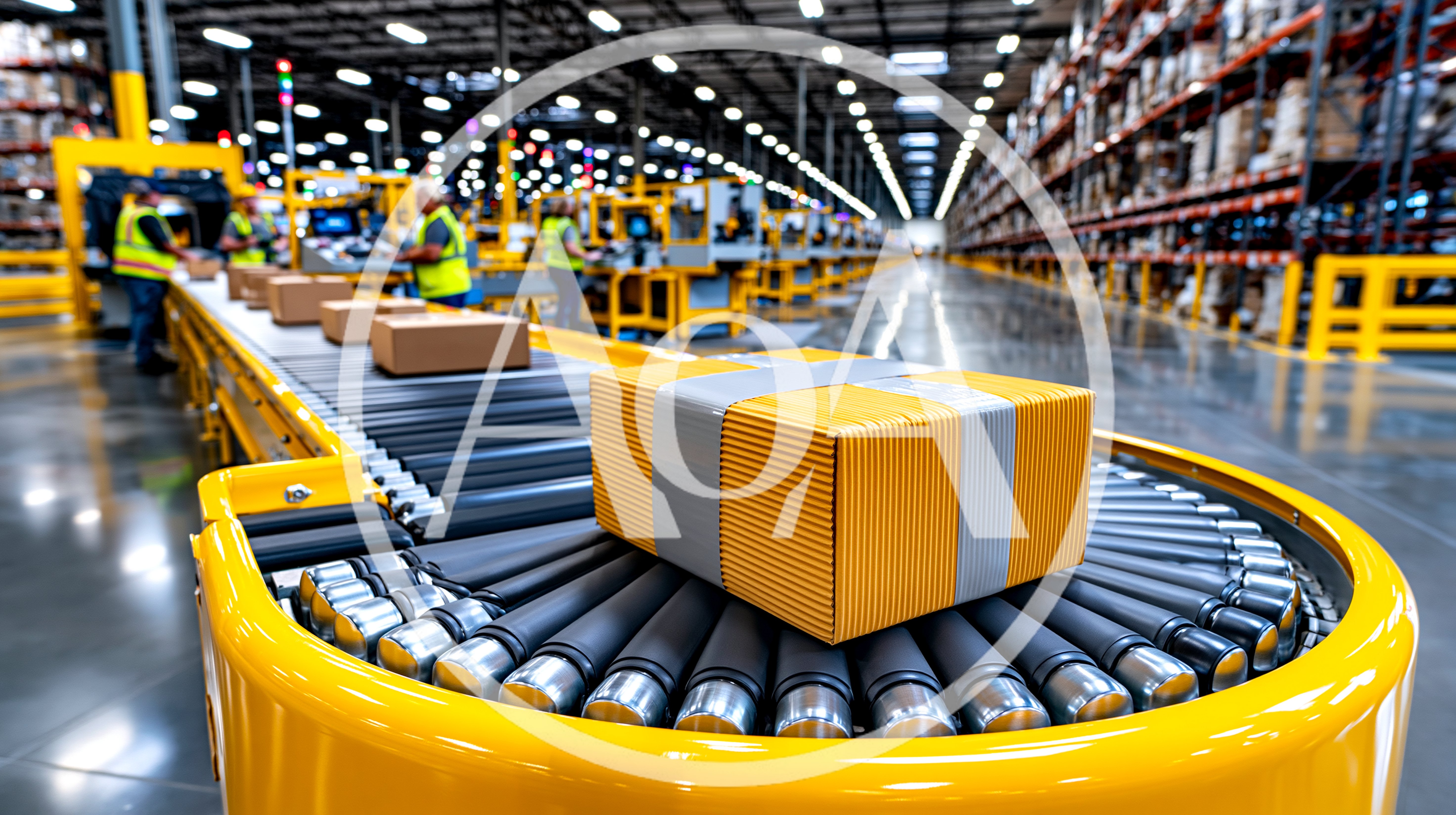 Cardboard Packages Moving Along Automated Warehouse Conveyor Belt