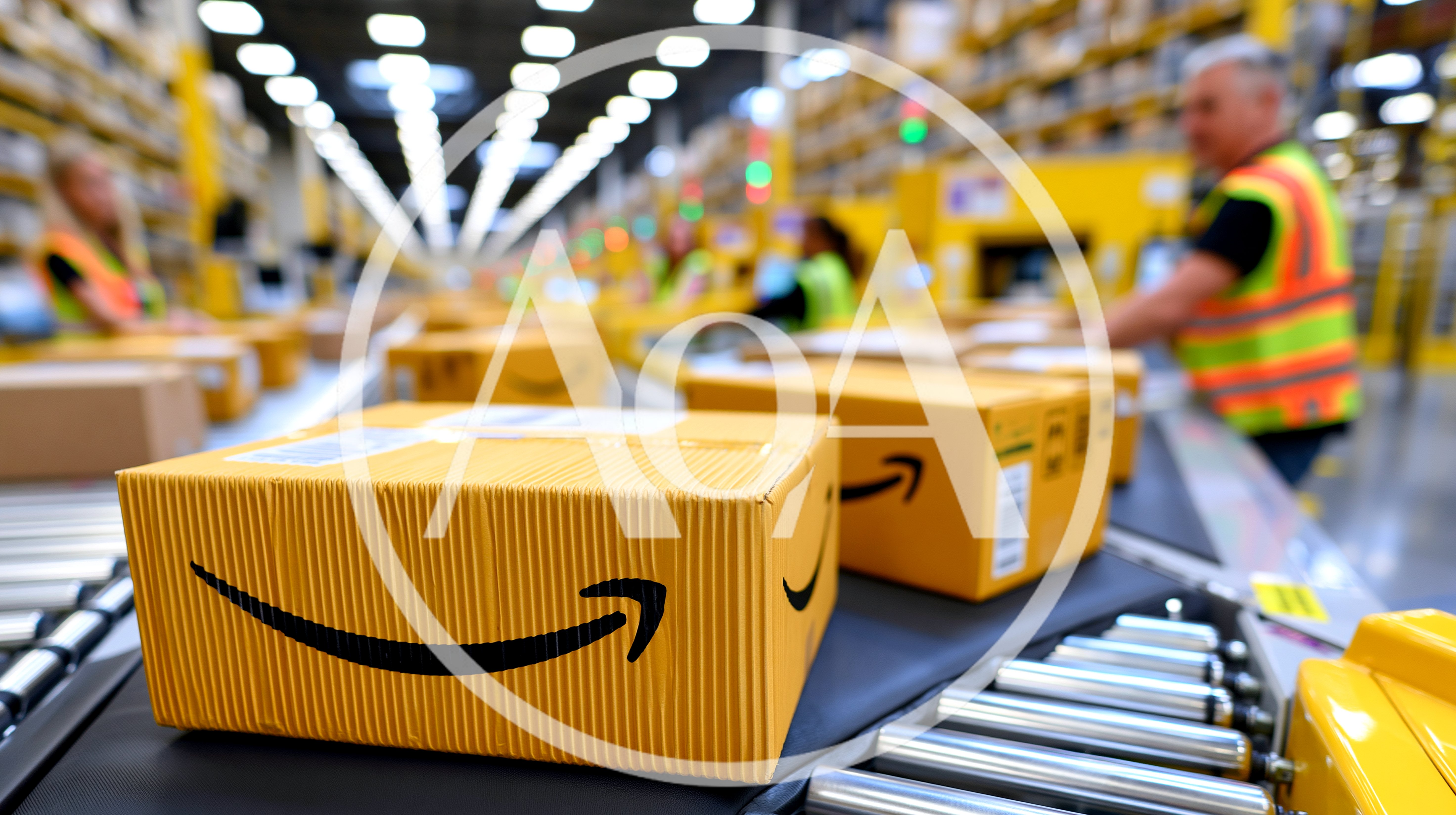 Amazon Packages Moving Along Warehouse Conveyor Belt